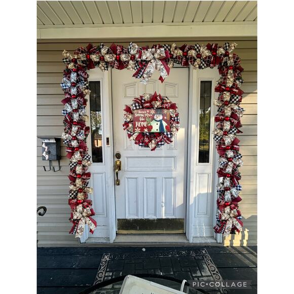 Buffalo Plaid Check Let it Snow Snowman Mesh Ribbon Christmas Wreath & Garland - Picture 1 of 10